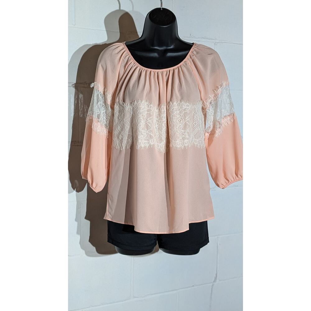 A.Byer Lace Detail Blouse Top Peach 3/4 Balloon Sleeves Small